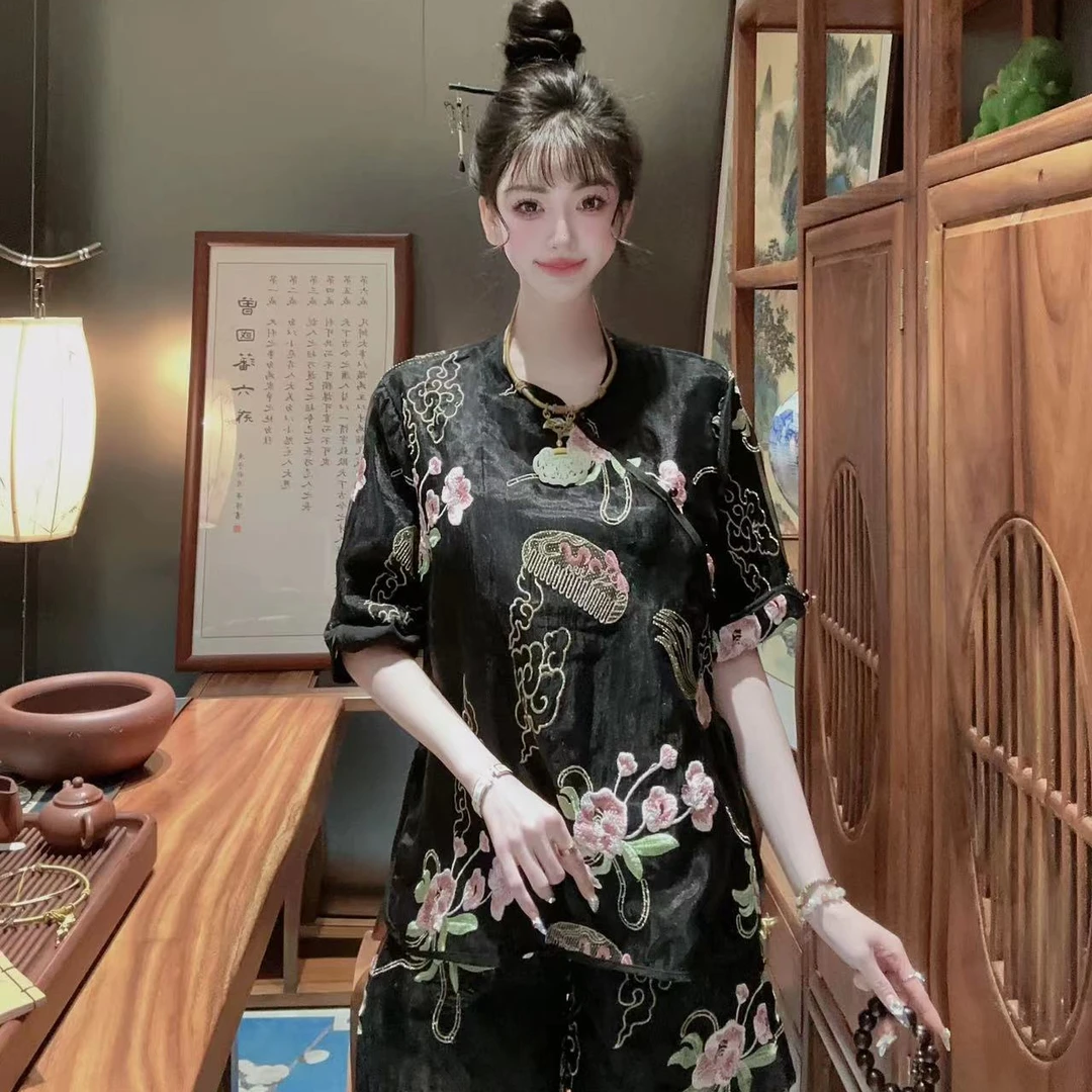 7876/#两件套新中式夏季套装《春风十里》气质百搭国潮风时尚国风女