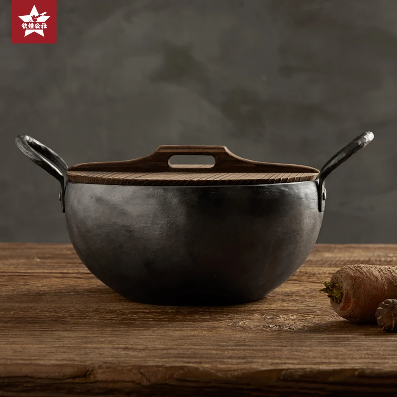 铁娃公社【达人专享】双耳炖锅汤锅家用手工熟铁锅珐琅锅无涂层铁盖