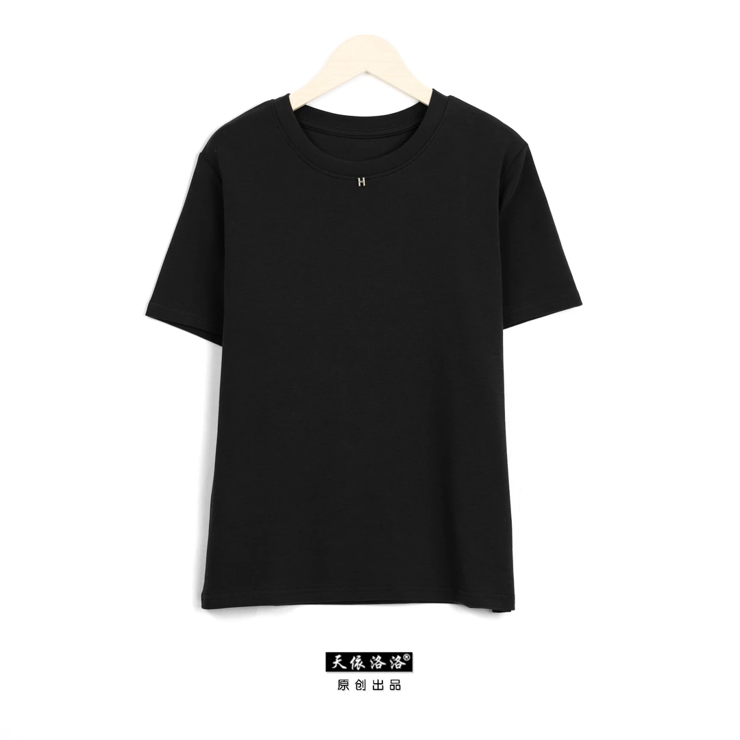 【天依洛洛】8600676休闲百搭宽松简约纯色圆领T恤