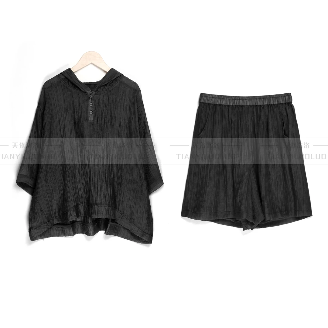 【天依洛洛】F 11107 时尚休闲宽松百搭压皱天丝套装短袖短裤