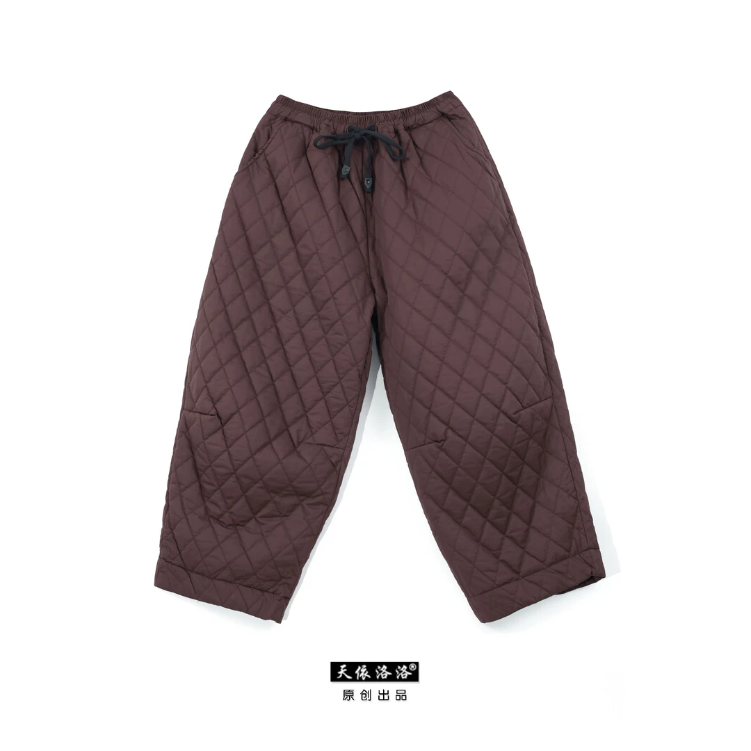 【天依洛洛】1280 秋冬百搭菱形格加厚宽松纯色抽绳松紧腰休闲裤