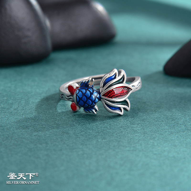 鉴天下 925银珐琅戒指 珐琅彩三色金鱼戒指银戒开口工艺08100018