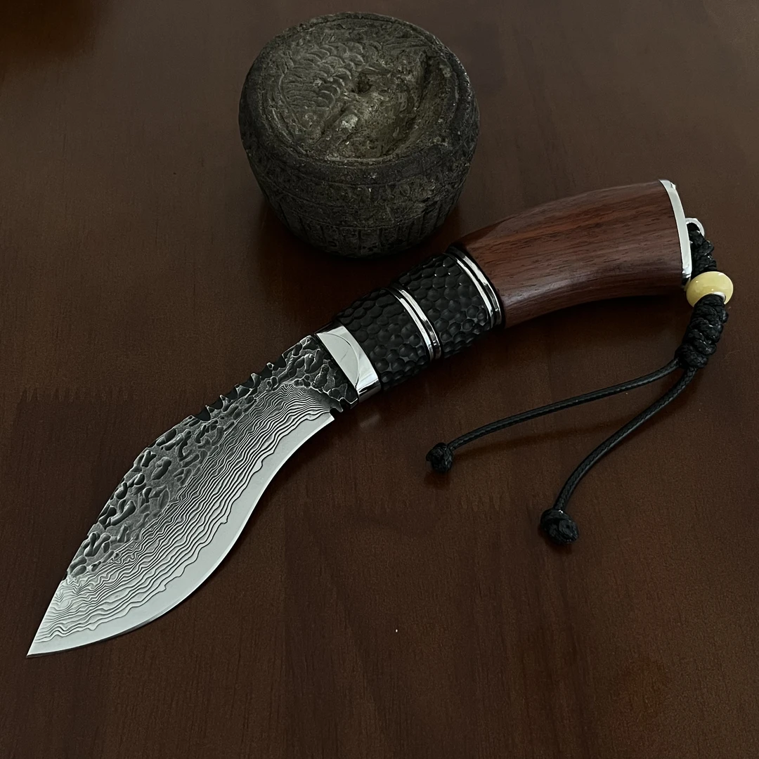 诚茜 手工制作大马士革夹V10钢的功能户外露营刀水果刀