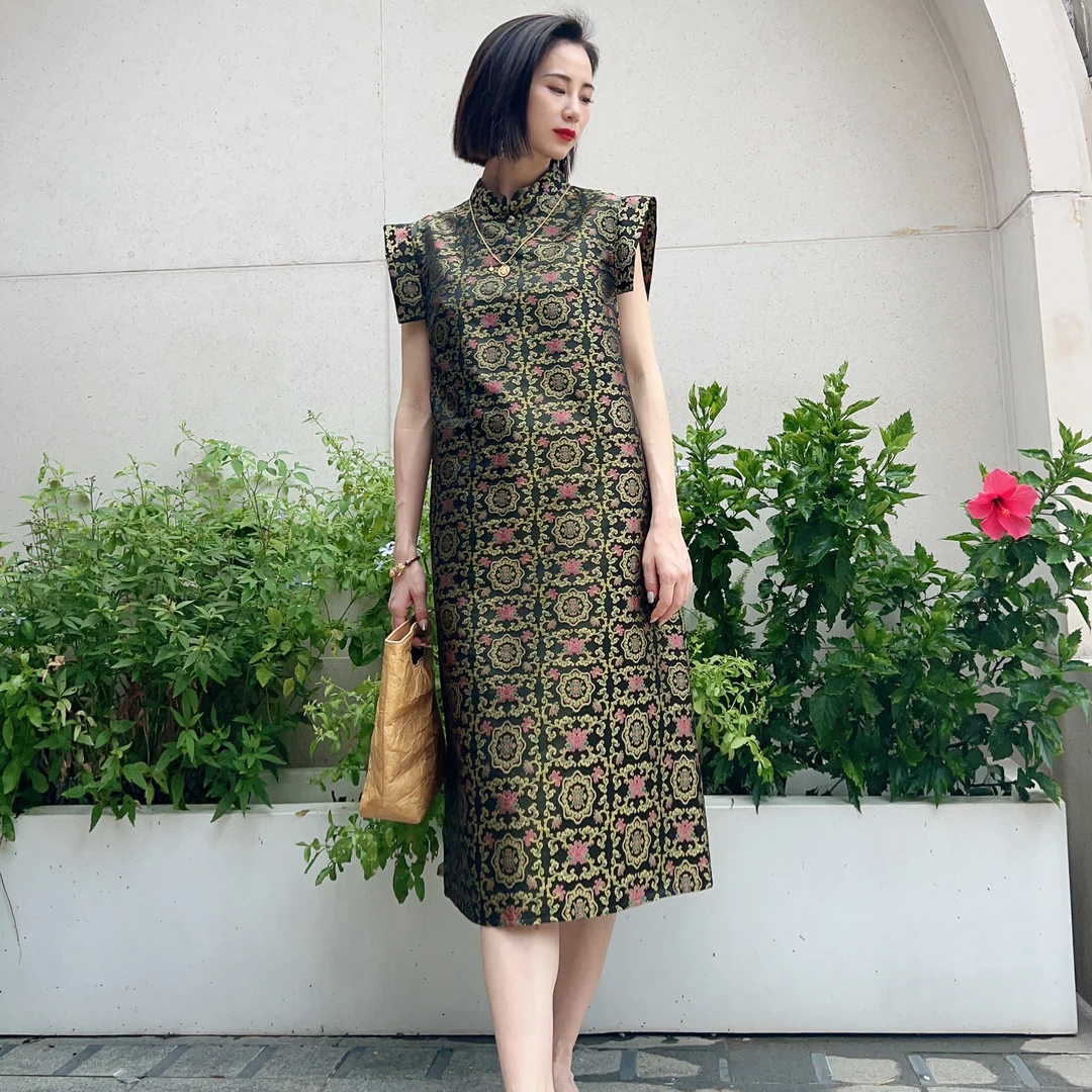 【宋锦】老宋锦旗袍气质国风显瘦中长款桑蚕丝裙子23Z673B