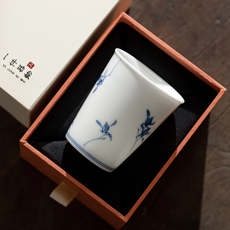 纯手绘蝴蝶兰花清欢杯大号陶瓷主人杯家用女性功夫茶杯品茗杯单杯