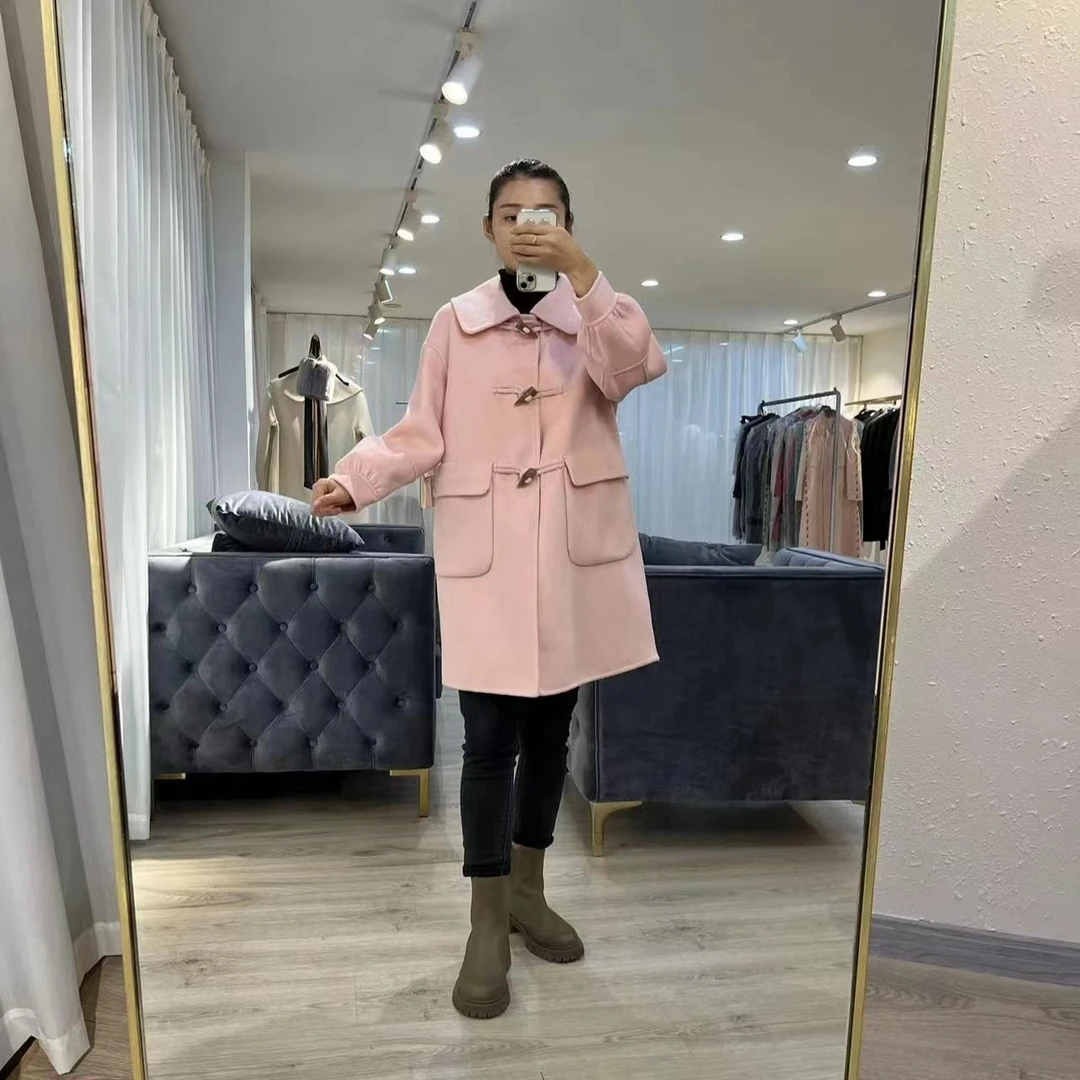 高端牛角扣双面羊绒大衣中长款秋季新款毛呢外套秋冬