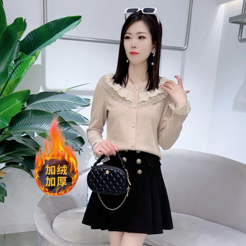 A7576秋冬新款法式长袖蕾丝拼接时尚气质百搭遮肚子减龄上衣