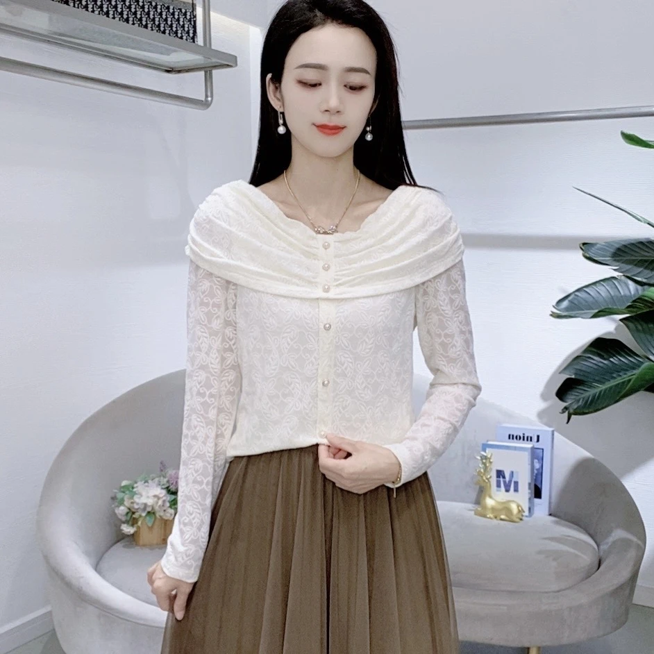 A7176新款时尚长袖女气质减龄蕾丝小衫百搭轻职风洋气打底上衣