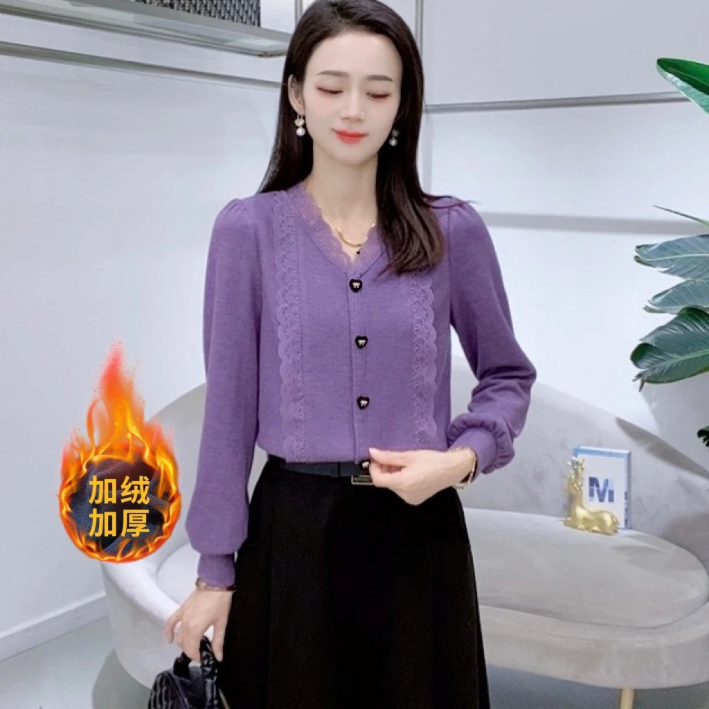 A7589秋冬新款长袖蕾丝打底衫加绒气质修身显瘦洋气上衣