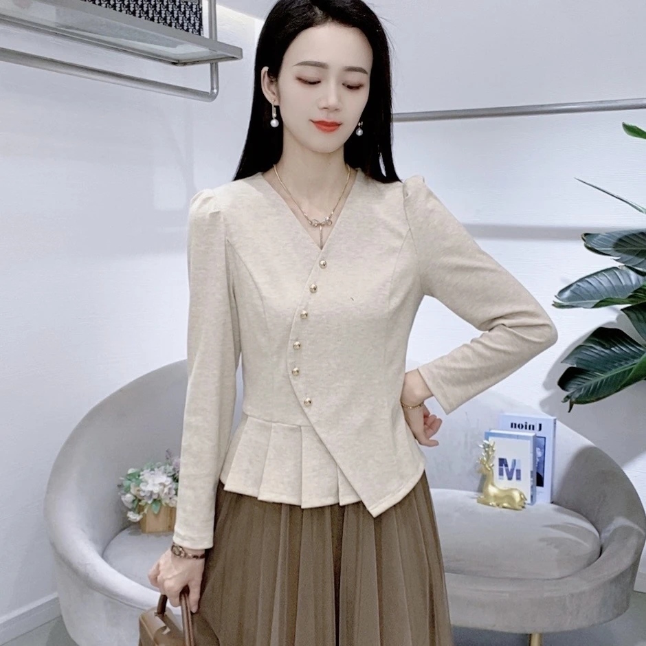 A7171新款时尚长袖女气质减龄百搭轻职风洋气打底上衣T恤