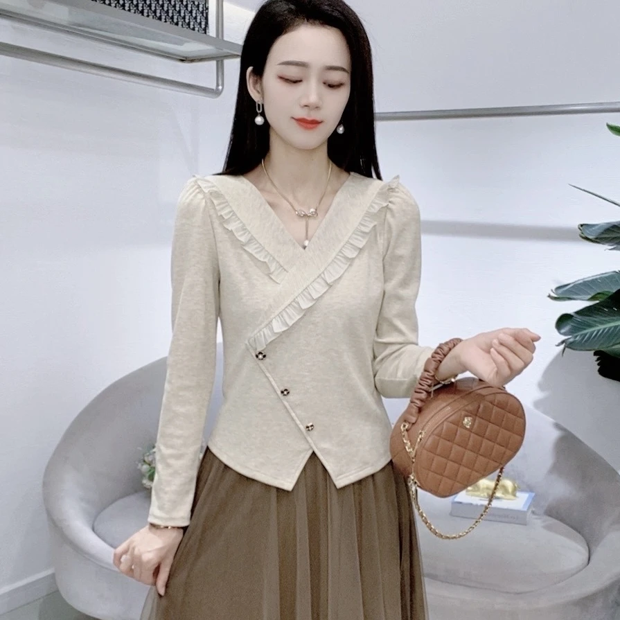 A7195新款时尚长袖女气质减龄百搭轻职风洋气T恤打底上衣