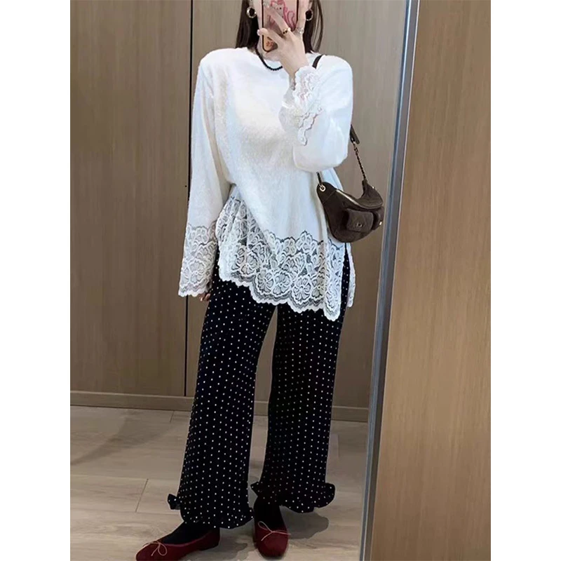 韩系气质开叉蕾丝拼接长袖上衣女2025秋冬新款宽松百搭打底衫