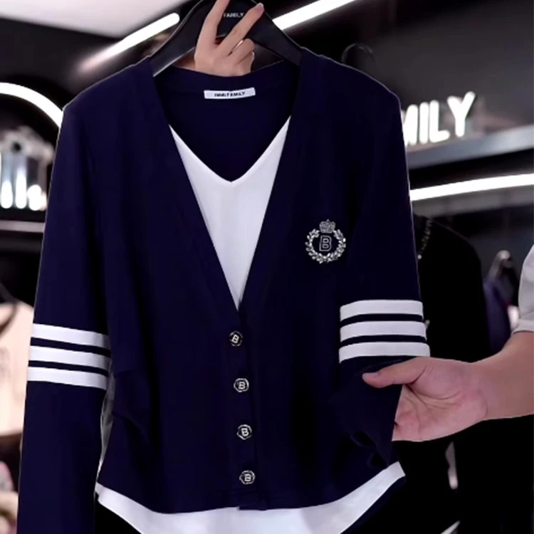 超好看假两件蓝色条纹学院风t恤女秋季新款韩系v领三道杠长袖上衣