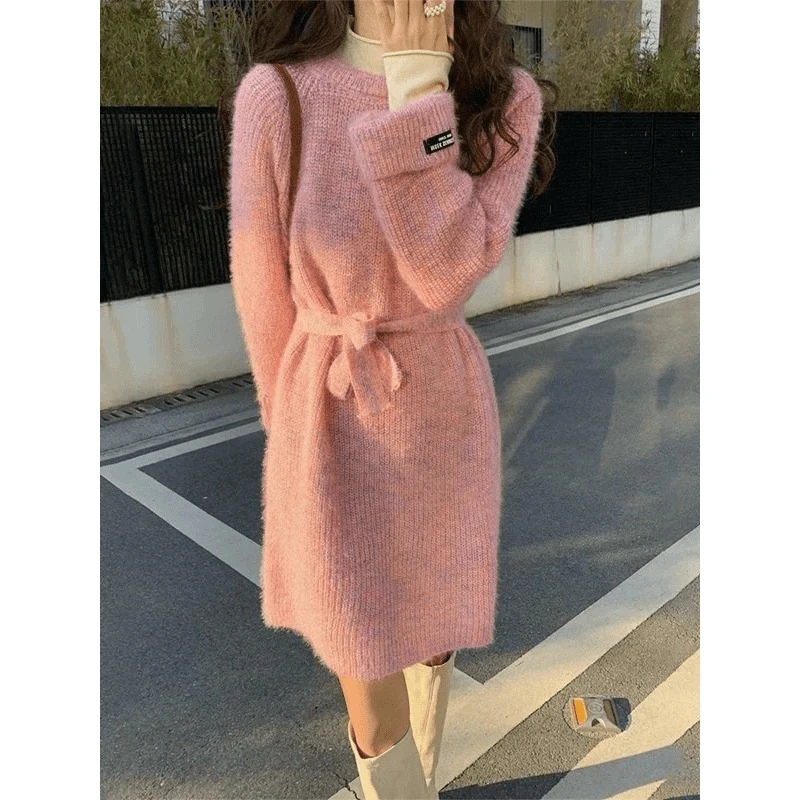 时尚腰带毛衣裙秋冬中长款针织长裙套头毛衣裙显瘦百搭加厚针织衫