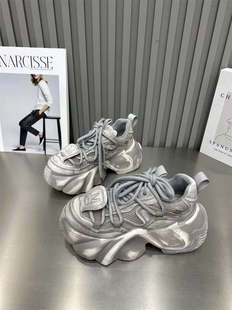 网面真皮夏季新款透气老爹鞋小个子增高显瘦薄款休闲鞋运动鞋