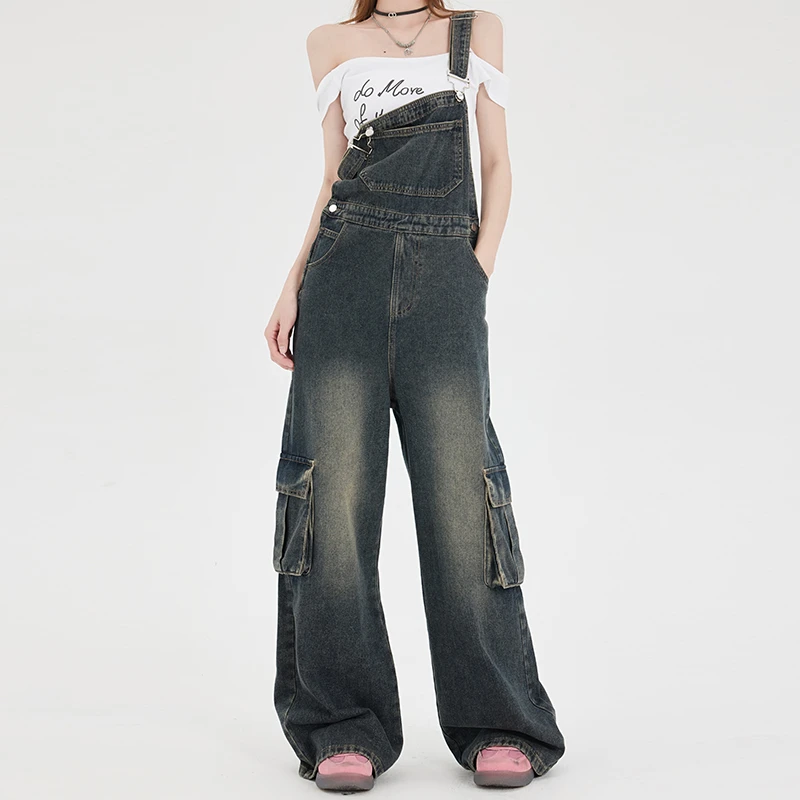 ASUZ新款国潮复古水洗牛仔背带裤女减龄连体工装阔腿裤