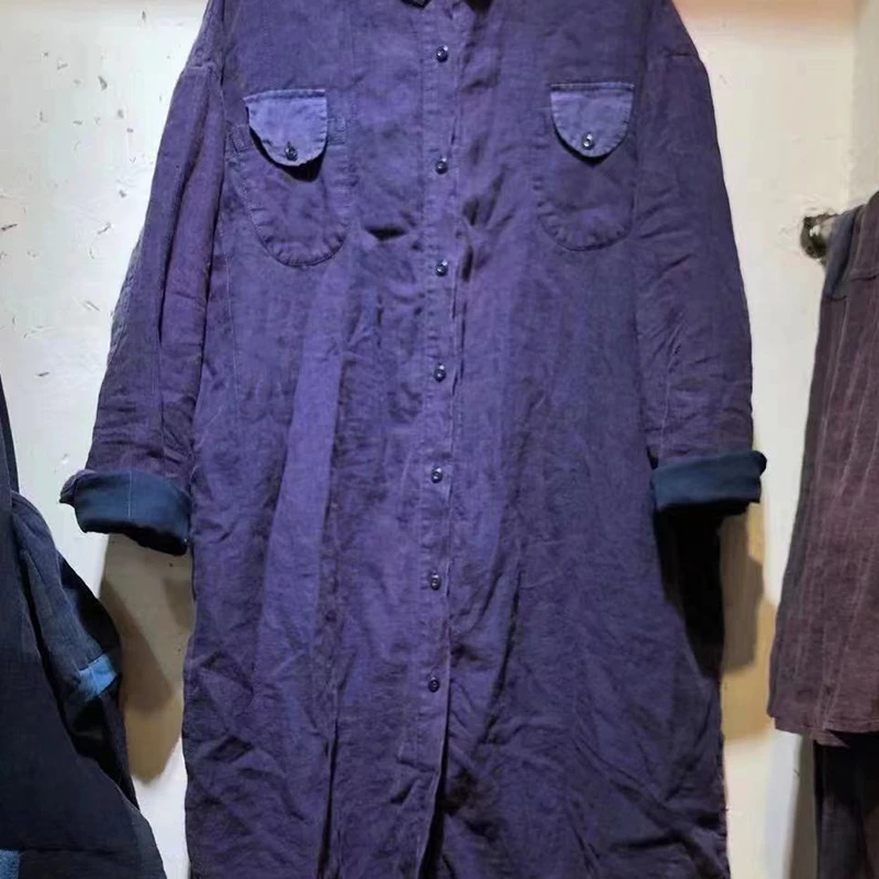 素朴布衣 衣路走来25872 秋冬款做旧双层毛边开衫长款衬衫打底衫