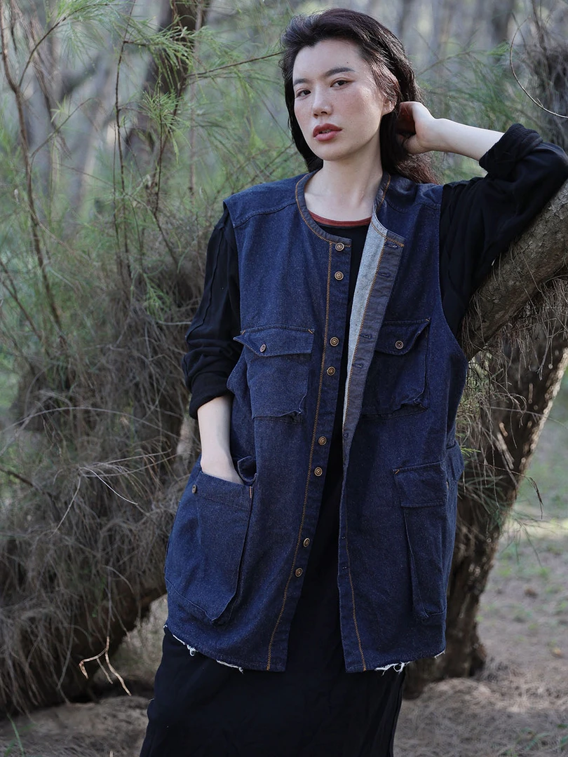 素朴布衣几见原创w21512全棉工装感酷帅休闲多兜牛仔马甲宽松复古