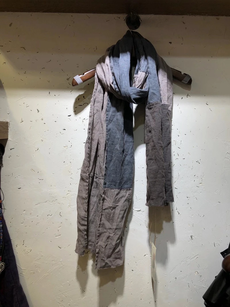 素朴布衣衣路走来2027秋撞色拼接亚麻围巾休闲百搭时尚