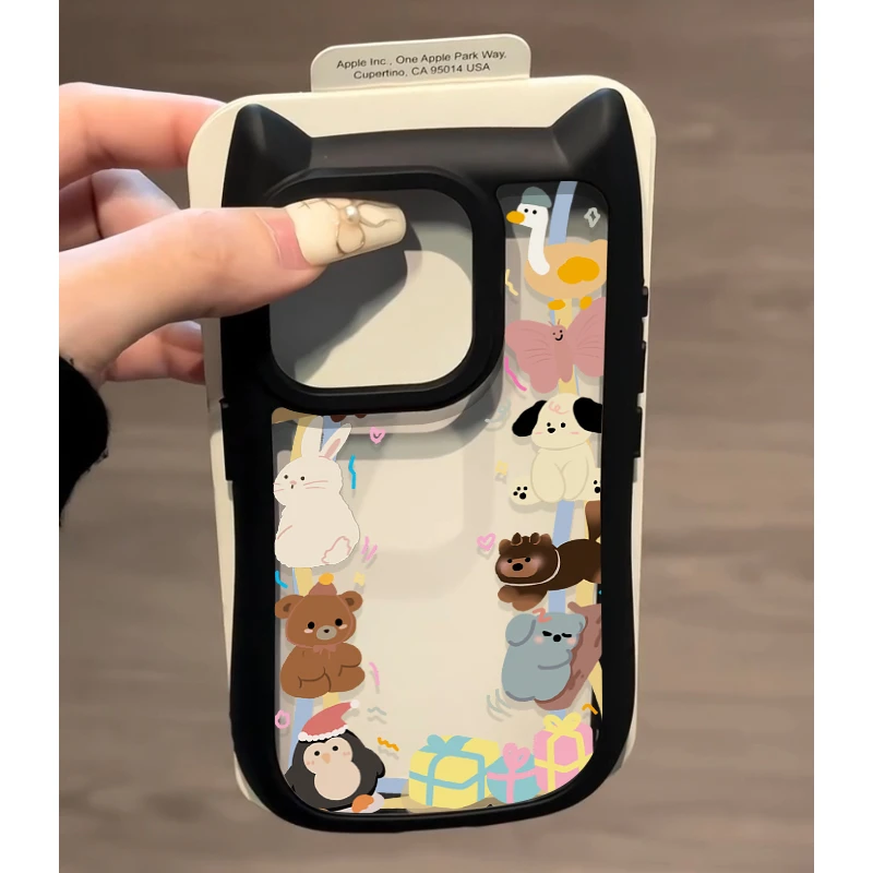 新款满屏卡通动物适用苹果15手机壳iPhone14/13猫耳朵12/11套防摔