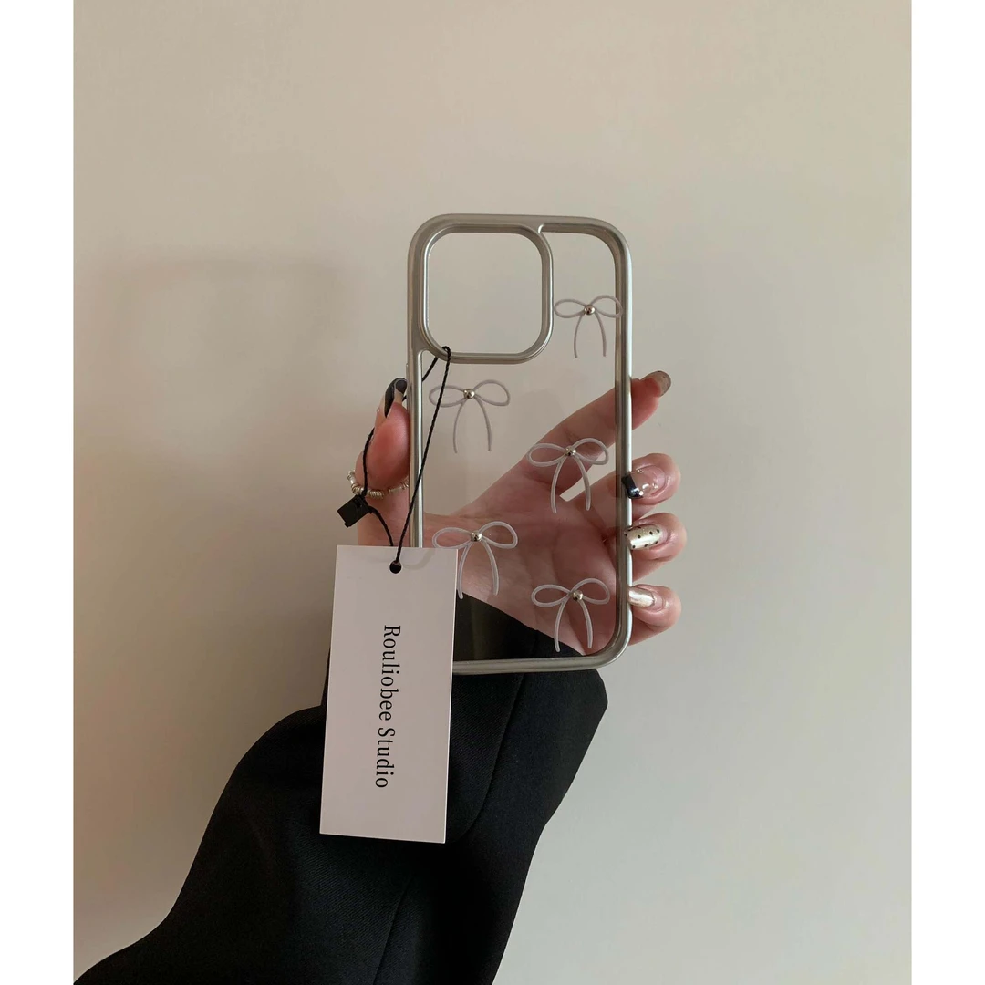 立体银珠蝴蝶结适用iPhone15/14promax手机壳苹果13银边框12女11