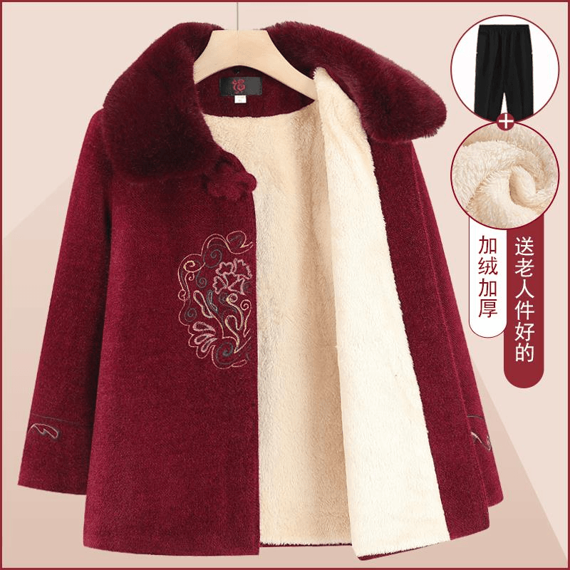 奶秋冬装外套中老年人女仿水仿貂绒大衣喜庆唐装妈妈冬季加绒衣服