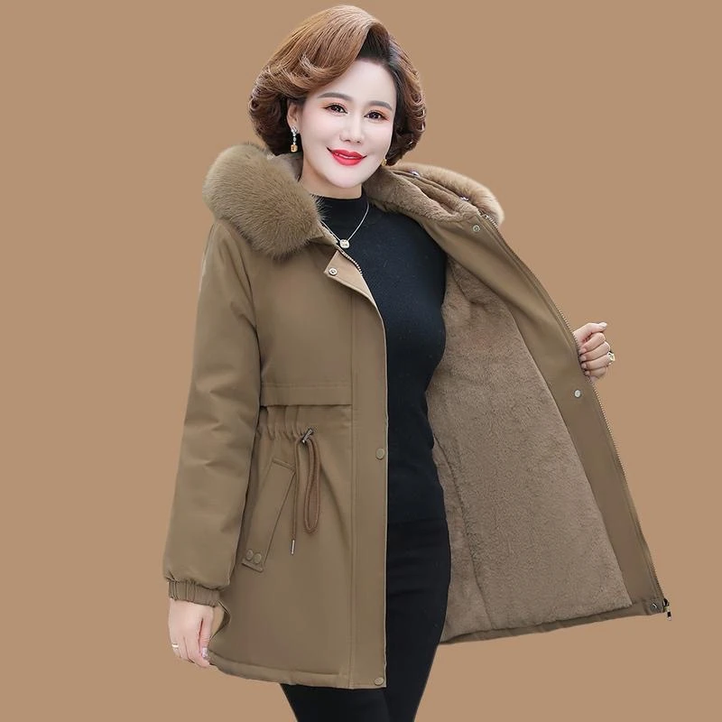 妈妈冬装派克服加绒外套时尚棉袄新款50岁中老年女装加厚棉衣