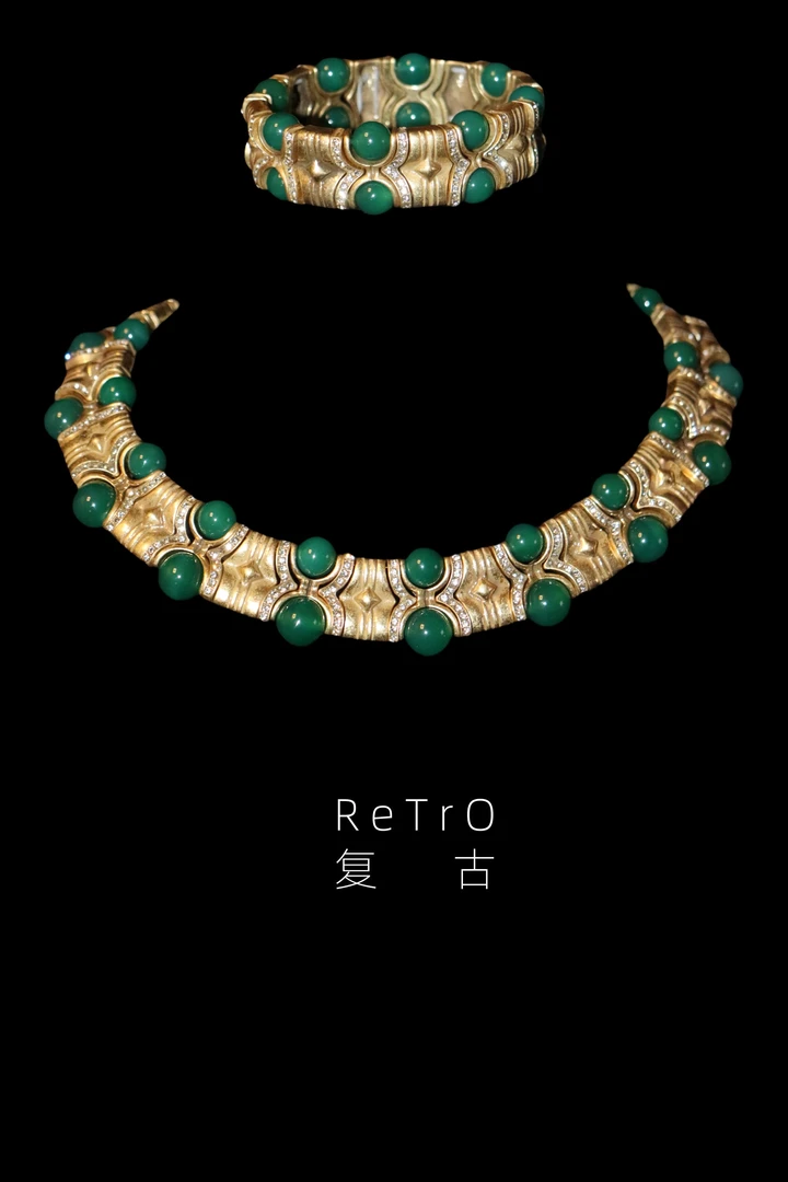 轻奢宫廷风施华洛绿色珍珠优雅宽链条项链手镯套装