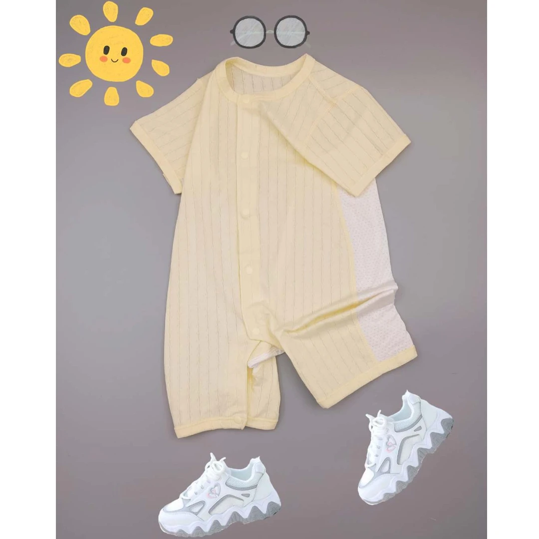 婴儿连体衣夏季短袖轻柔透气双侧独特设计网眼男女宝平脚纯棉哈衣