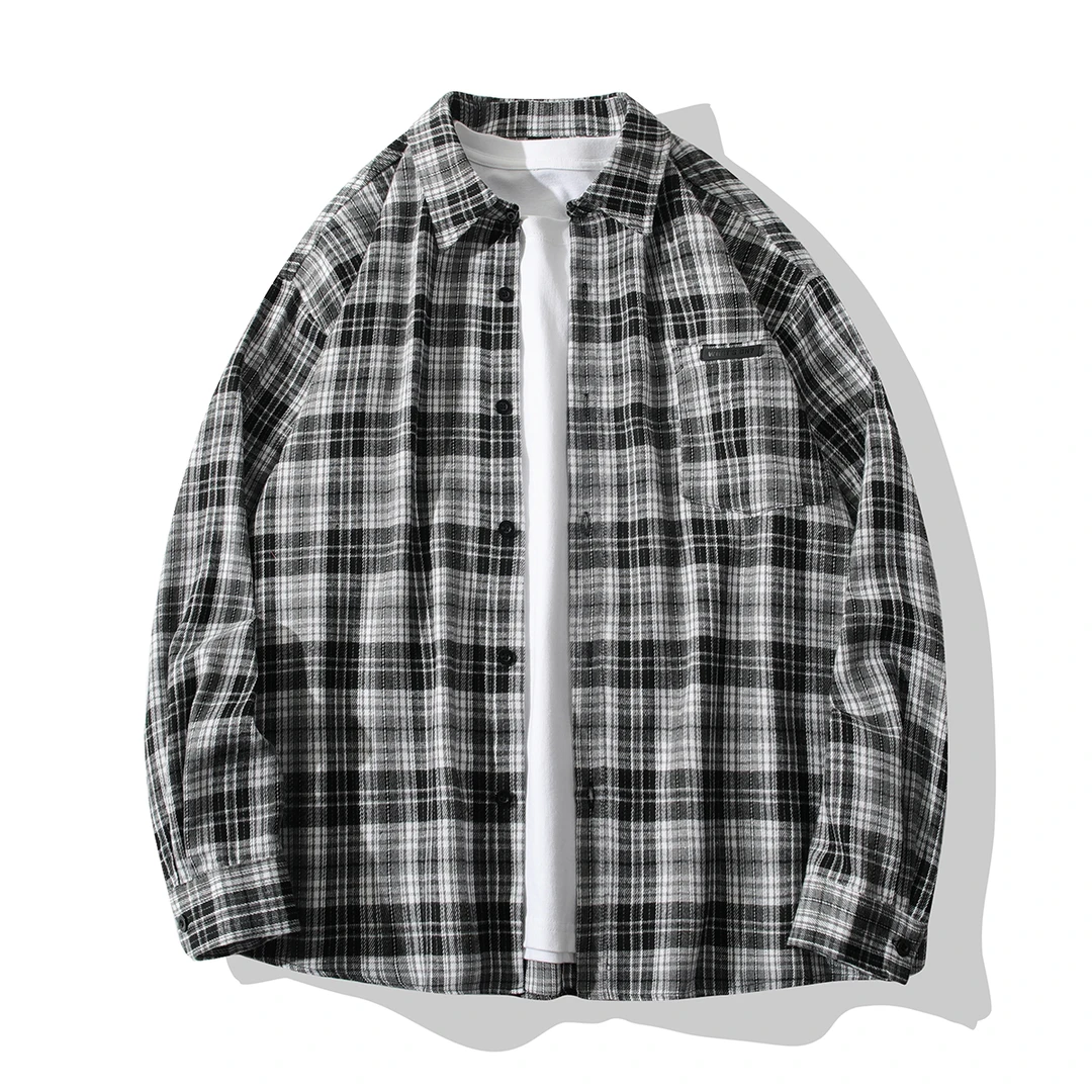 新款港风复古格子衬衫春秋潮流百搭宽松外套韩版日系衬衣男女同款