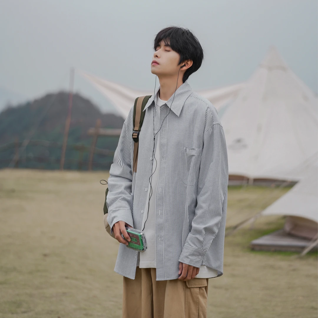 潮流百搭条纹衬衫外套男秋季港风宽松休闲衬衣日系百搭多色长袖女