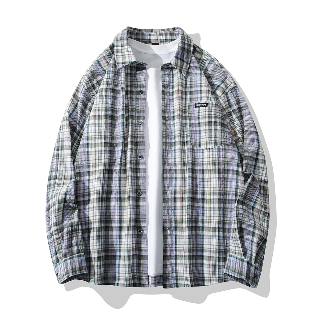 秋季新款港风格子衬衫男百搭潮流休闲格纹外套女美式复古宽松长袖