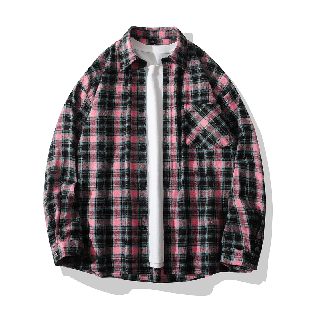 男女同款韩版日系外套春秋潮流百搭格子衬衫港风复古宽松长袖上衣