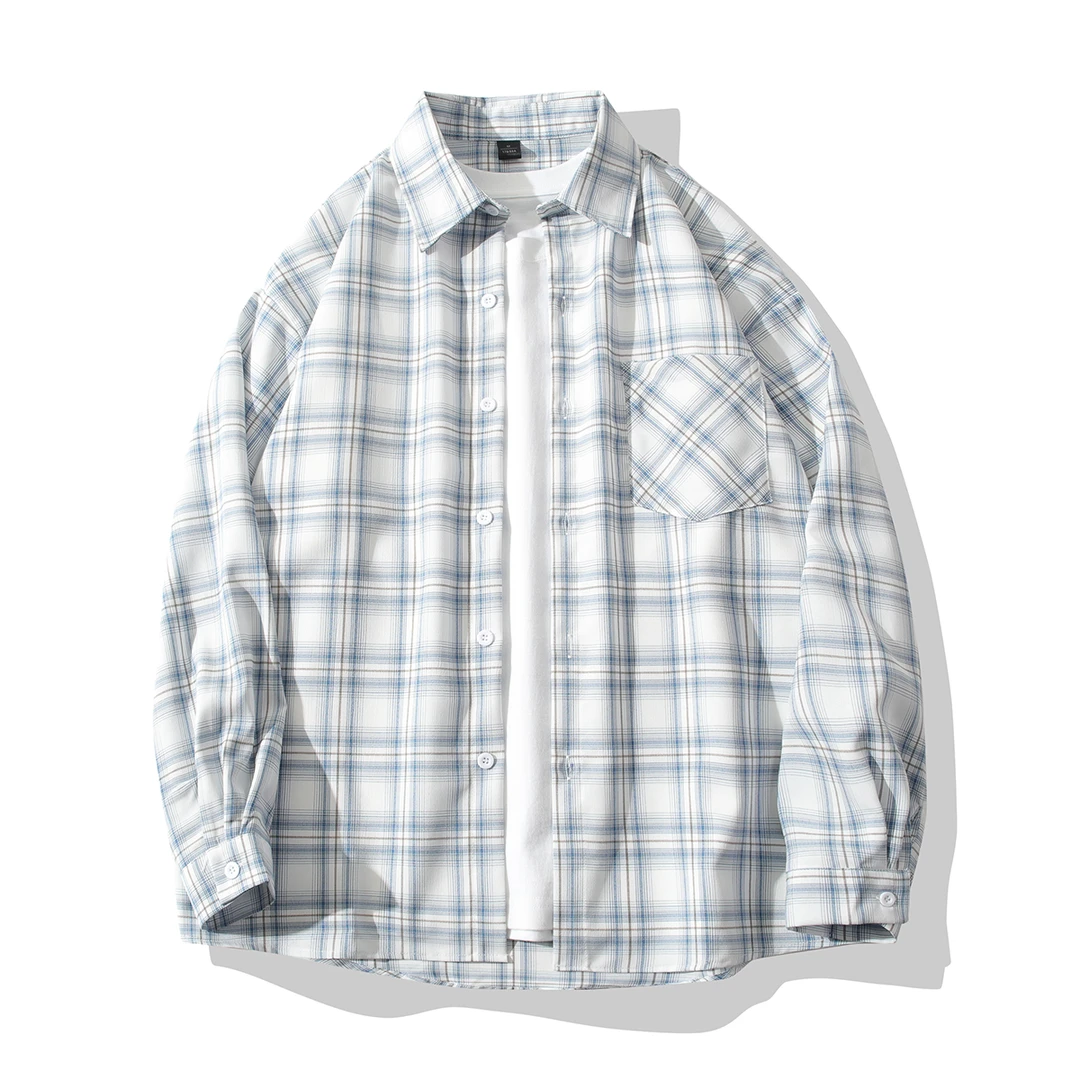 春夏冰丝凉感格子衬衫男小清新速干透气外套港风休闲宽松长袖衬衣