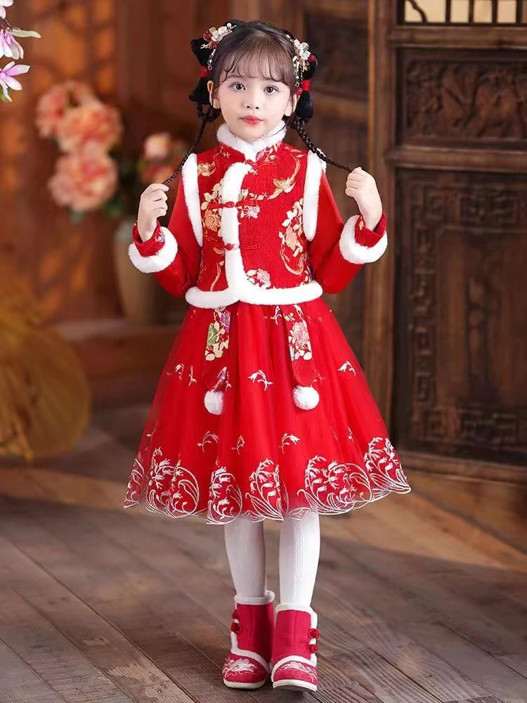 2022年新款女童加厚汉服秋冬中国风唐装古风古装过年拜年服学生