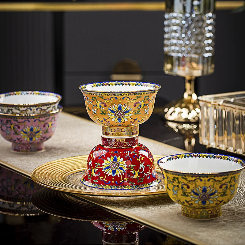 【珐琅彩4.8英寸】景德镇家用茶碗汤碗中式骨瓷高脚防烫石榴碗餐具