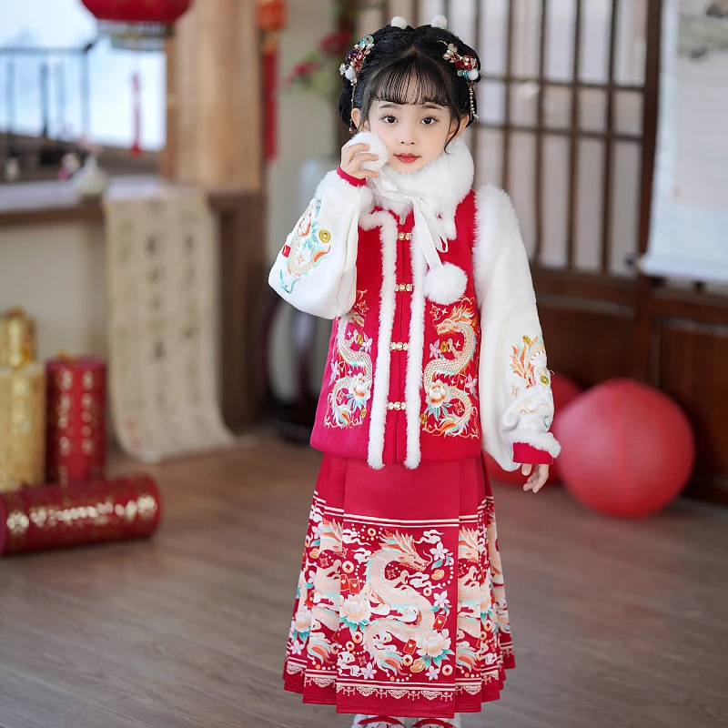 儿童汉服女童宝宝高端中国风秋冬拜年服红色加绒加厚明制保暖冬季