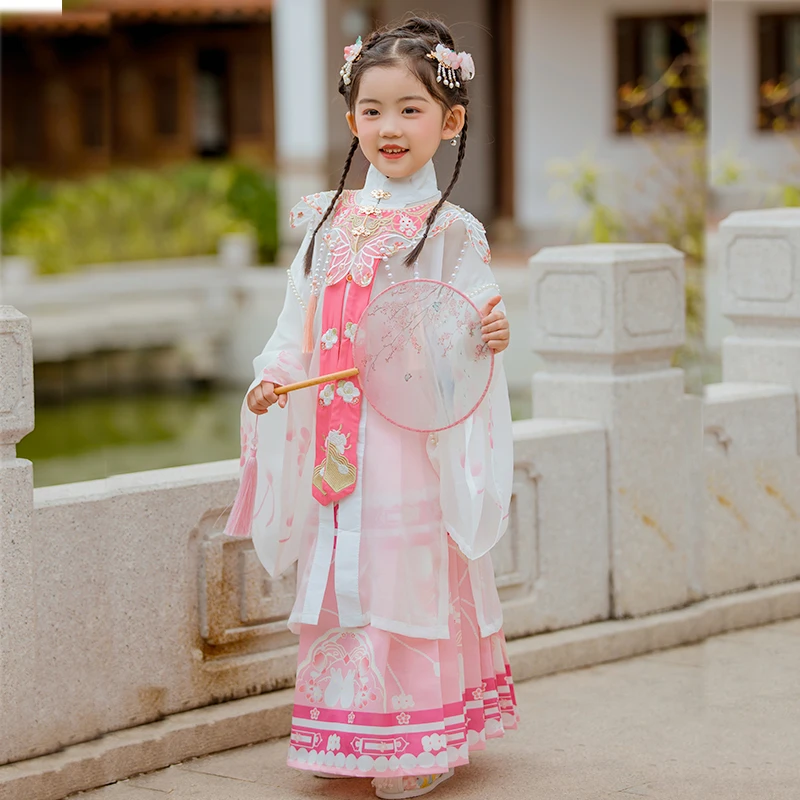 儿童汉服唐装女孩明制云肩襦裙春秋古风日常女童仙气绣花裙表演服