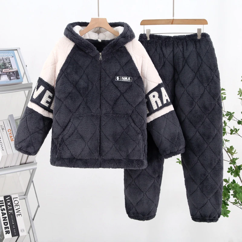 睡衣男冬季法兰绒夹棉三层加厚加绒珊瑚绒保暖成年男士家居服套装