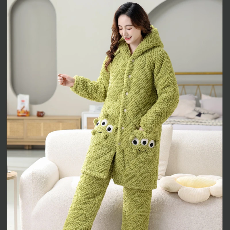 绿色女士睡袍连帽款家居服冬款加厚法兰绒三层夹棉套装外穿冬季