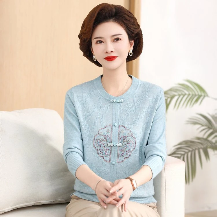 妈妈秋装2024新款国风新中式镶钻长袖针织衫中老年气质上衣奶奶装
