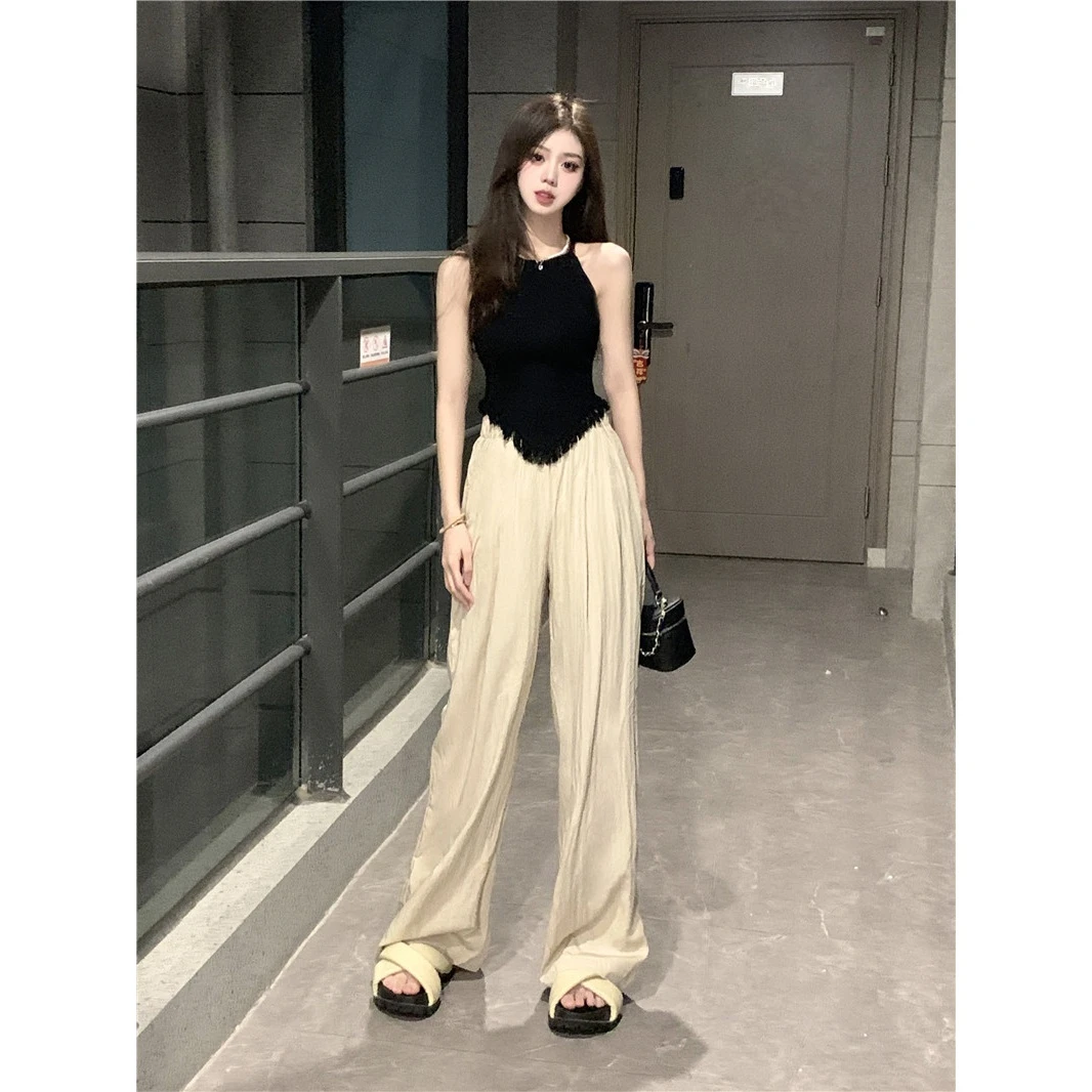 辣妹款新款小吊带背心内搭流苏上衣+宽松高腰阔腿裤子搭配款女装