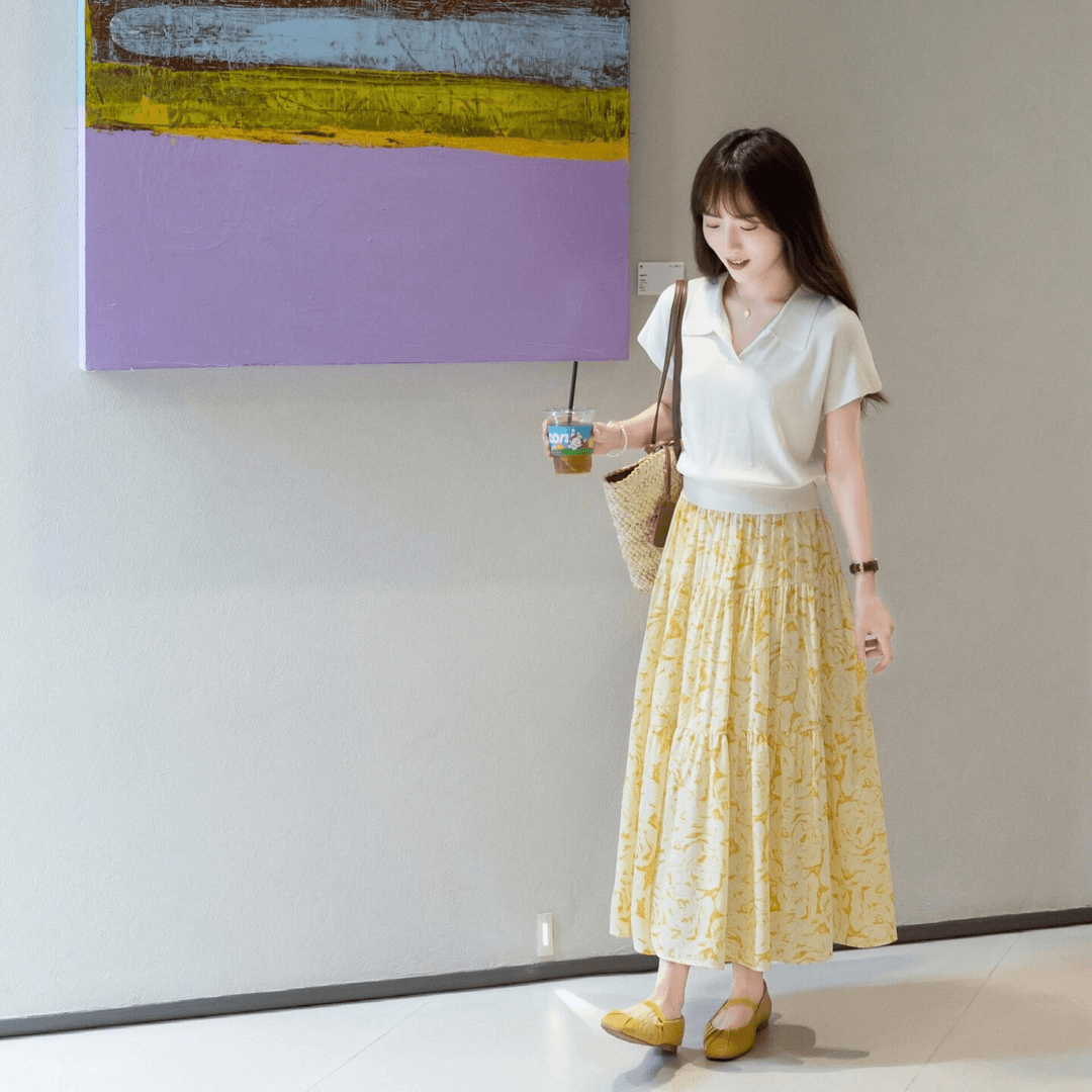2024夏季新款小清新显瘦针织衫上衣女装搭配中长款时尚花色半身裙