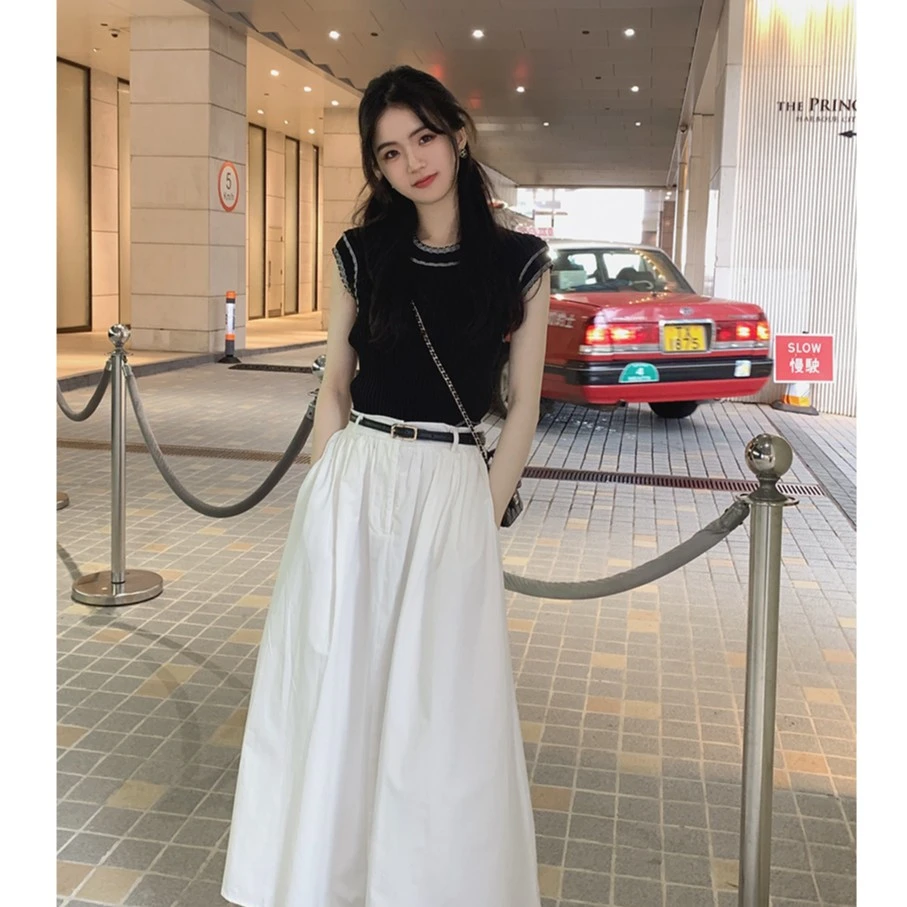 夏季新款修身小香风针织上衣+白色半身裙子两件套无袖搭配款女