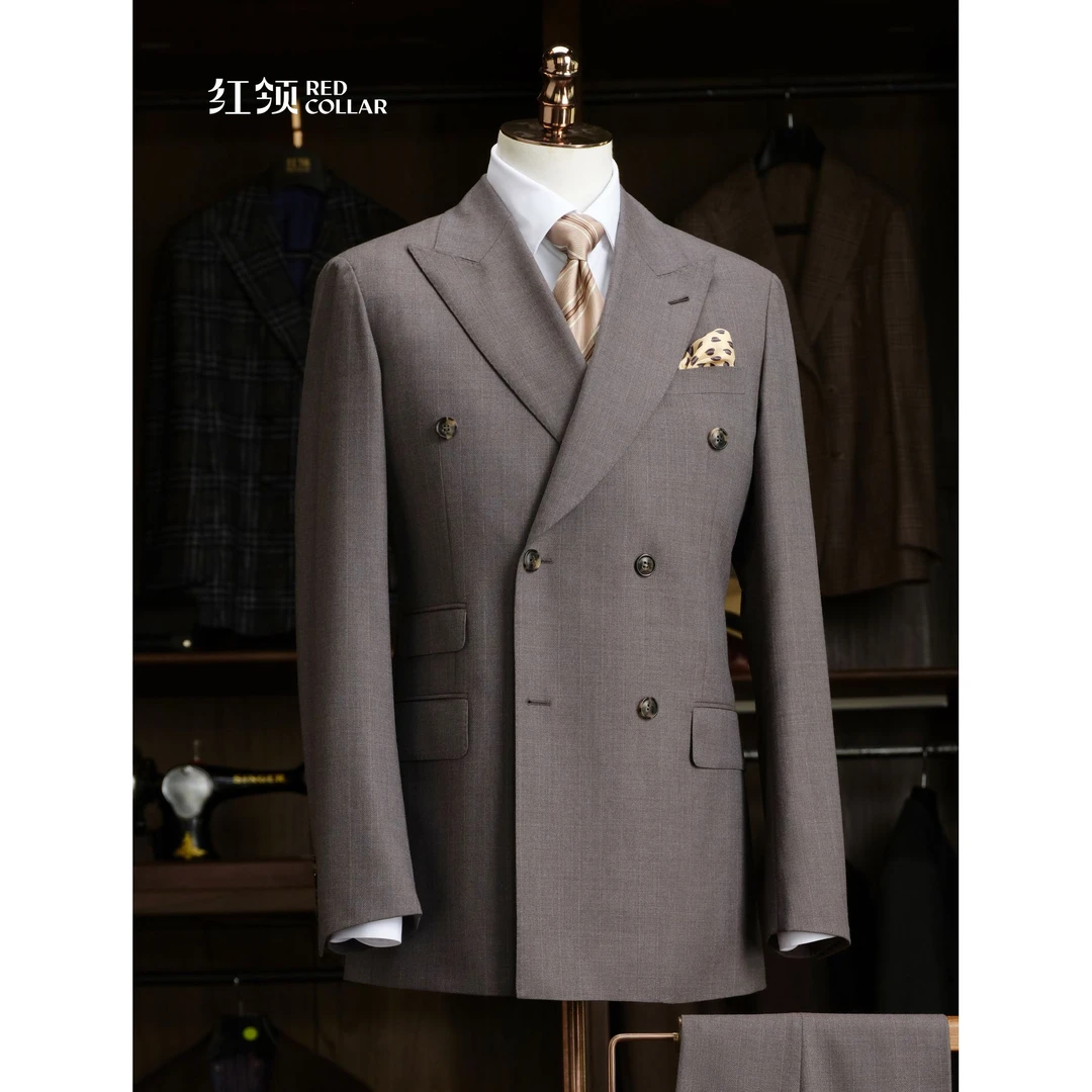 澳大利亚美利奴男士咖色修身套西定制西服职业正装双排扣灰色秋冬