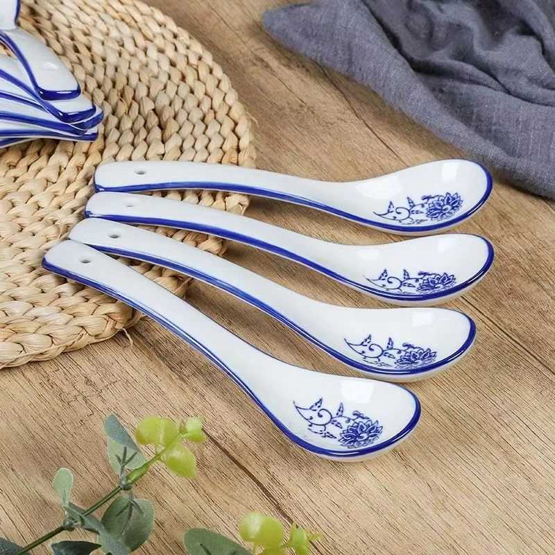 青花瓷勺子家用商用陶瓷汤勺大号兰州拉面勺酒店调羹长勺饭勺