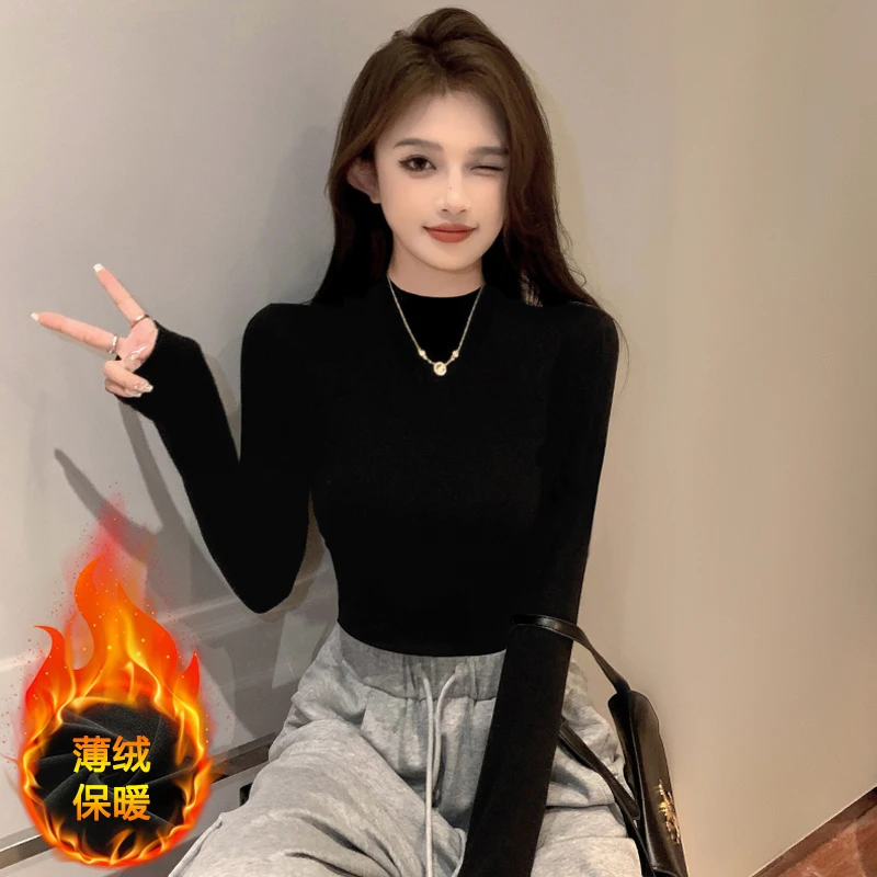 黑色半高领加绒加厚打底衫女秋冬内搭长袖修身中领薄绒保暖上衣