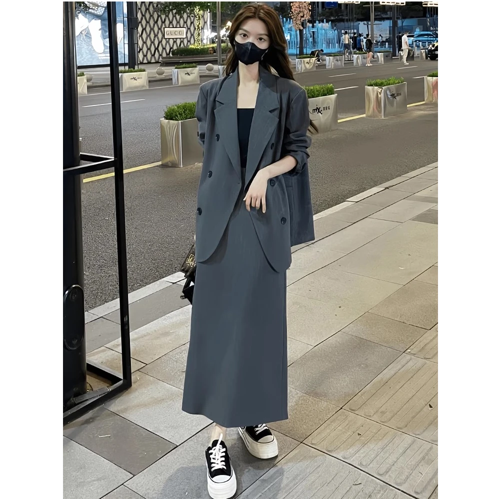高级感休闲西服套装裙女秋季中长款西装外套高腰半身裙显瘦两件套