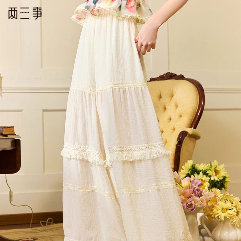 两三事 拂晓时分 2024夏季新款甜美流苏花边拼接高腰阔腿休闲裤女