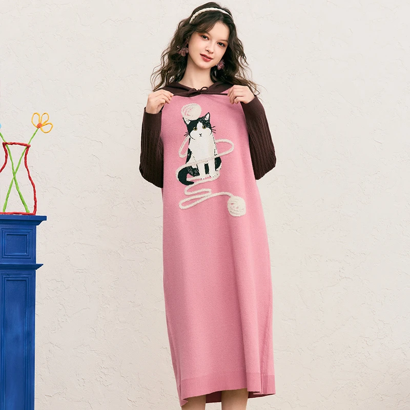 粉曦喵屿拼色猫咪印花毛巾绣连帽卫衣裙连衣裙